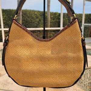 Francesco Biasia Raffia With Leather Croc Embossed Trim Shoulder Bag